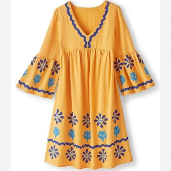 Soft Surroundings Petra Short Dress Women’s Large Yellow Embroidered Boho Tunic - Picture 1 of 6